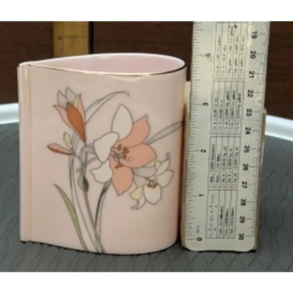 Vintage 80s Yamaji Japanese Vase Tear Drop Floral Pink Gold Lilly Unique Retro